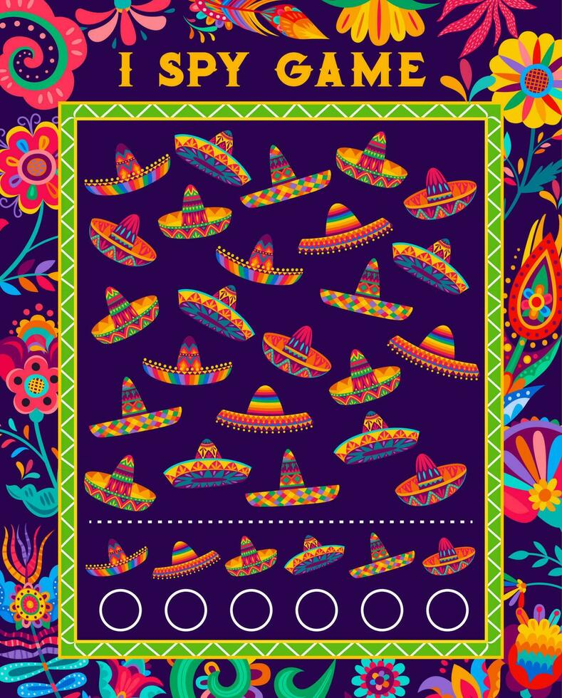 yo espía juego contar mexicano sombrero sombreros, matemáticas juego vector