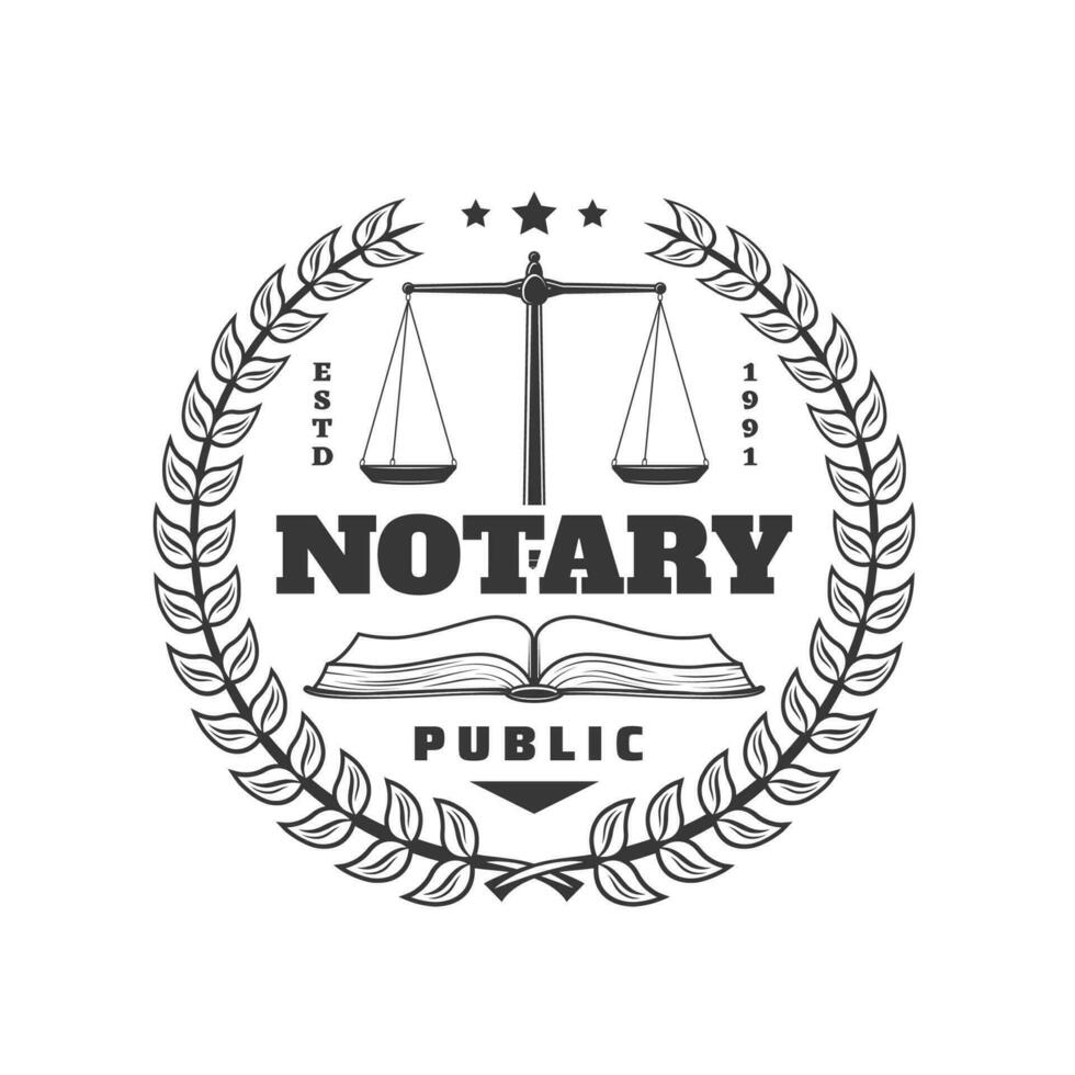 Public notary round icon with wreath and scales vector