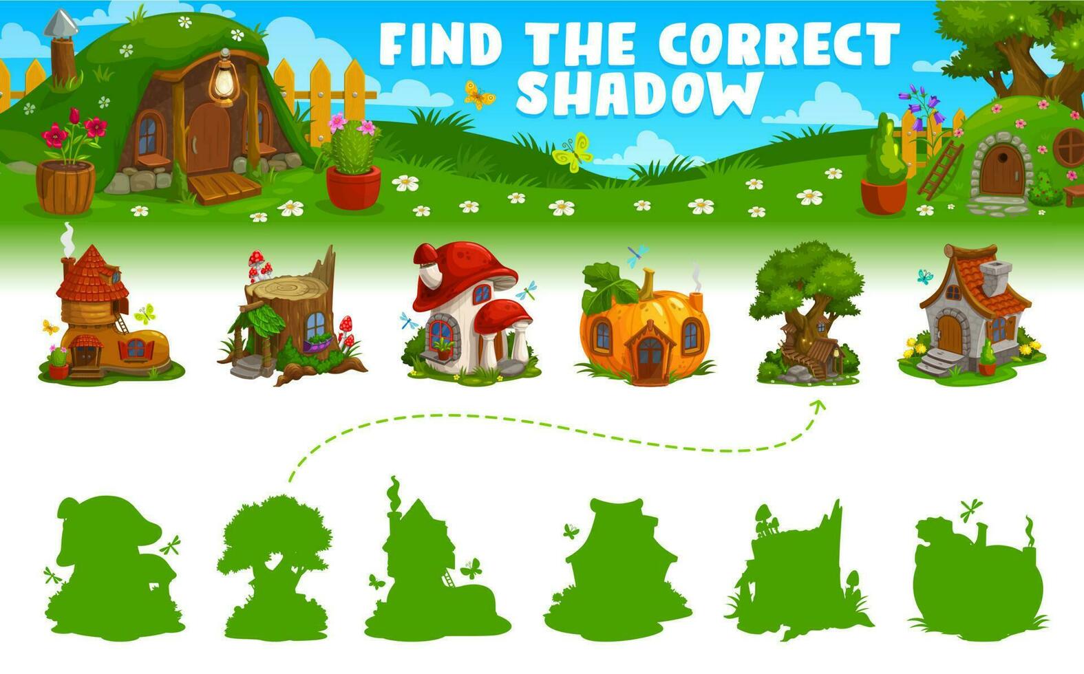 Find correct shadow of cartoon fairy house, game vector