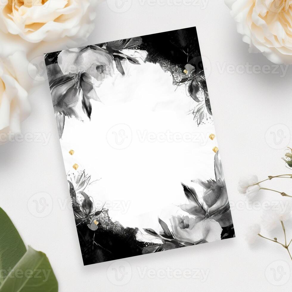 generativo ai, elegante negro y blanco Boda invitación con floral detalles foto