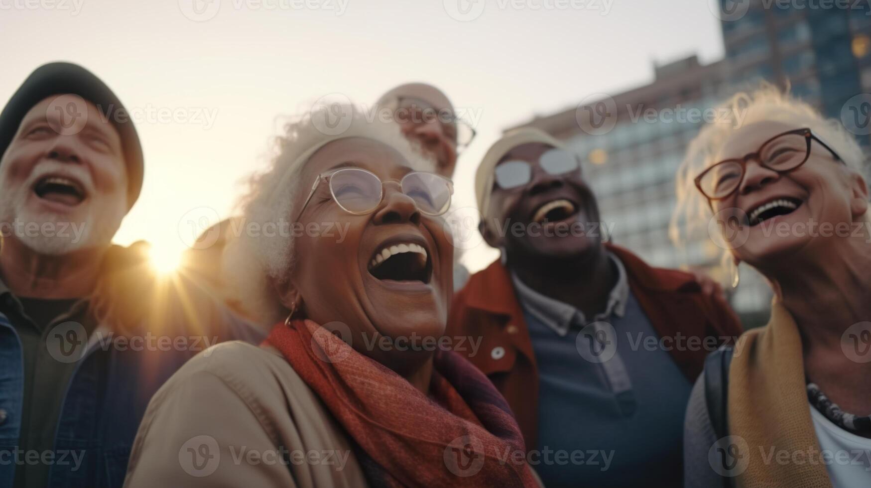 , group of senior friends enjoying a visit to a city sightseeing tour photo