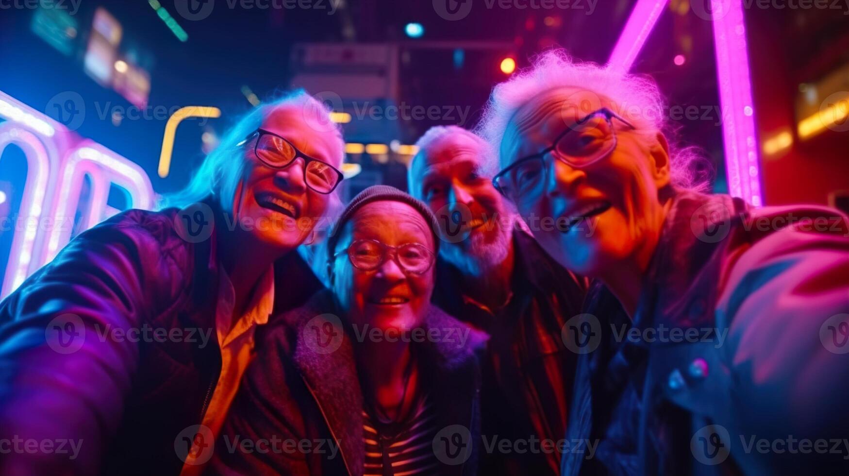 , group of senior friends having fun in a city cyberpunk with neon lights photo