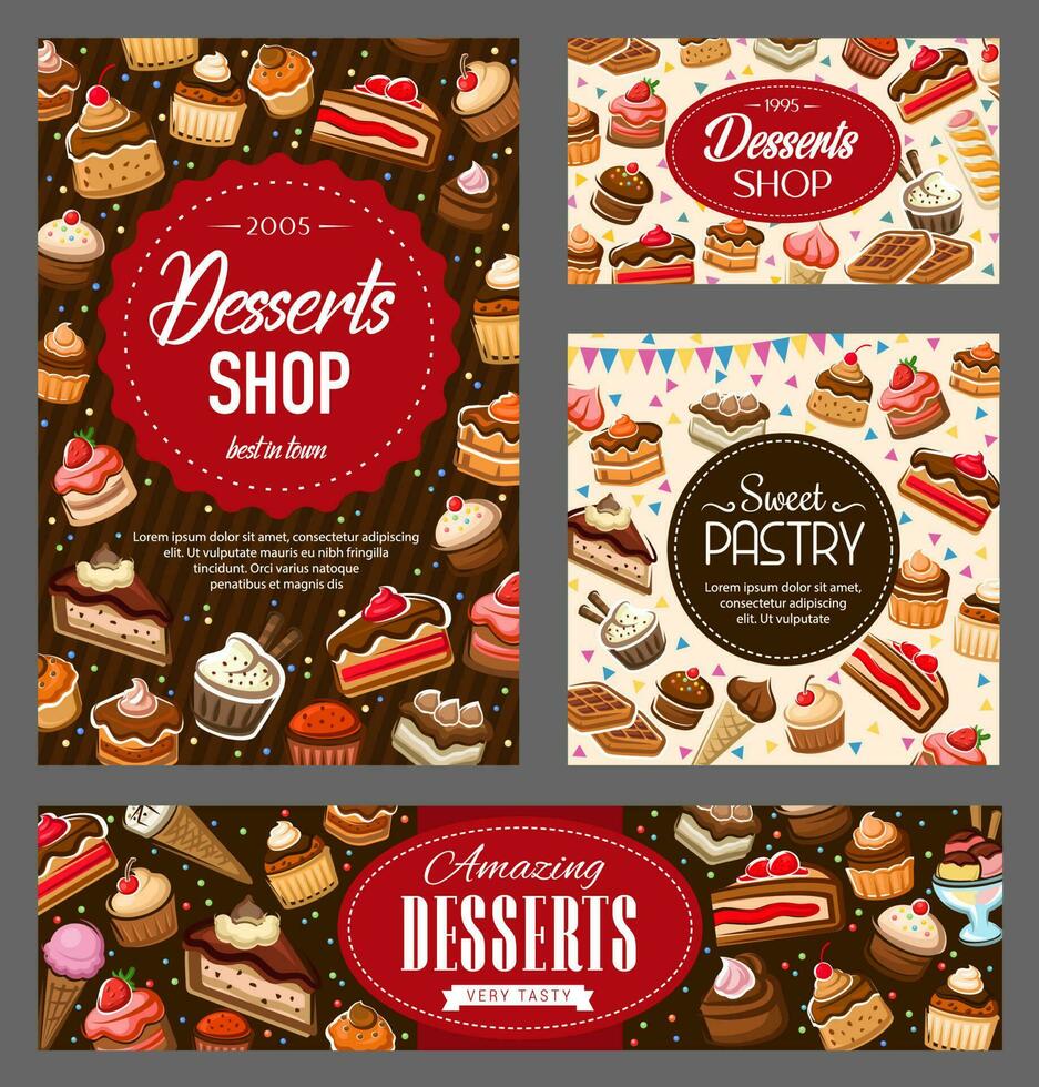 Cakes and desserts, patisserie sweets, pastry shop vector