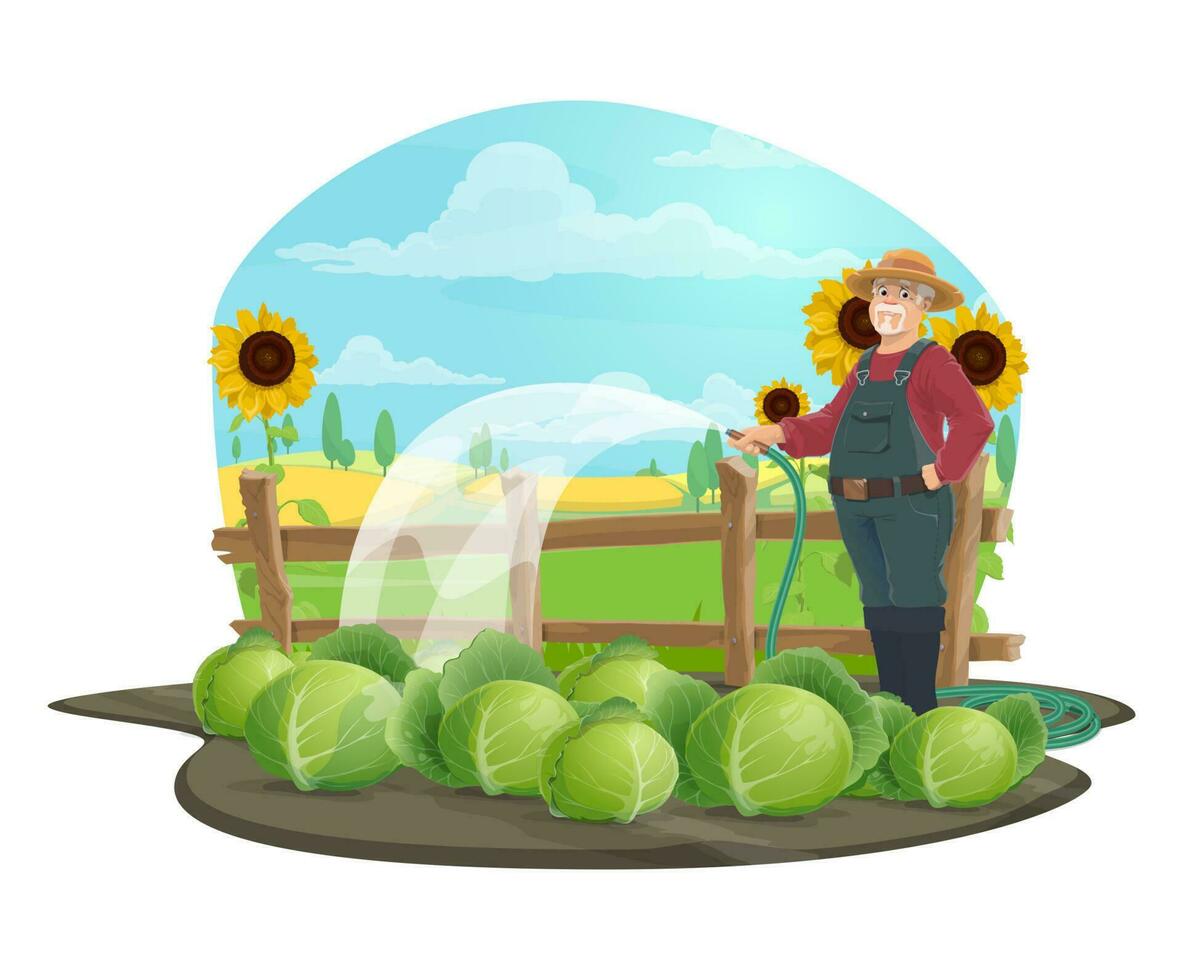 Farmer with watering hose and vegetables on farm vector
