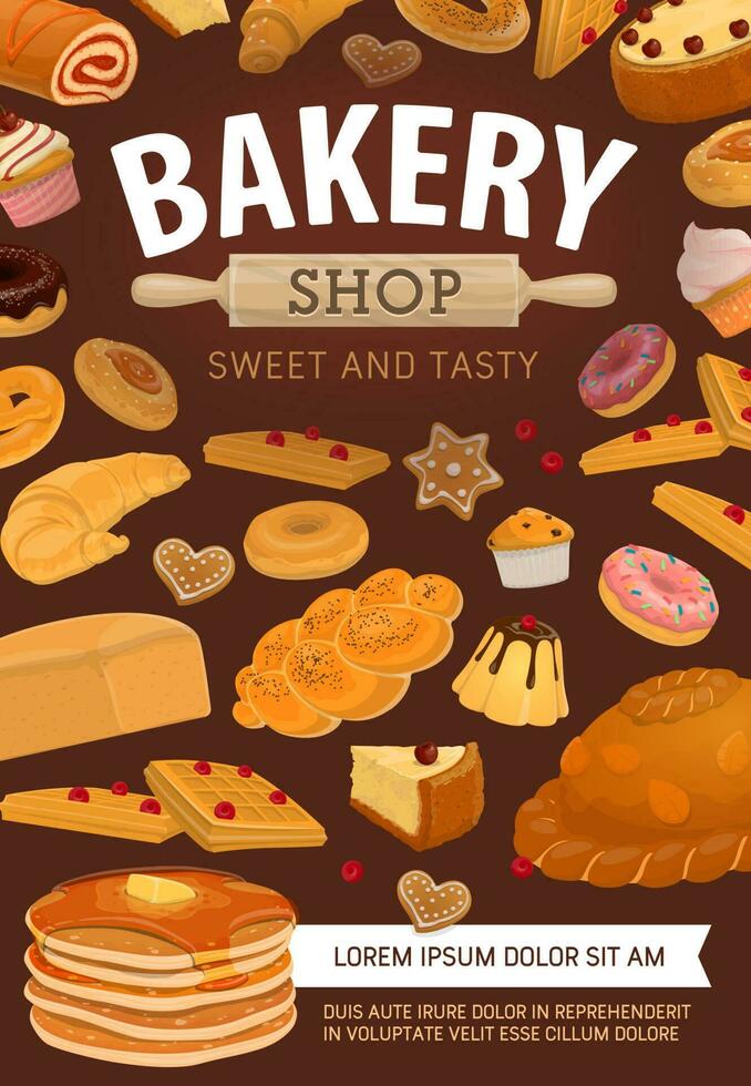 Bread, pastry, desserts bakery shop vector poster