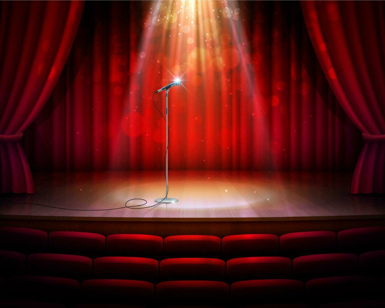 etapa escena con rojo pañería cortinas, micrófono vector