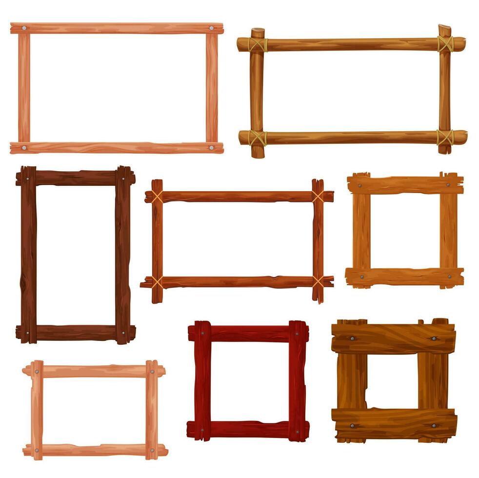 Wooden frames and brown wood borders, cartoon vector