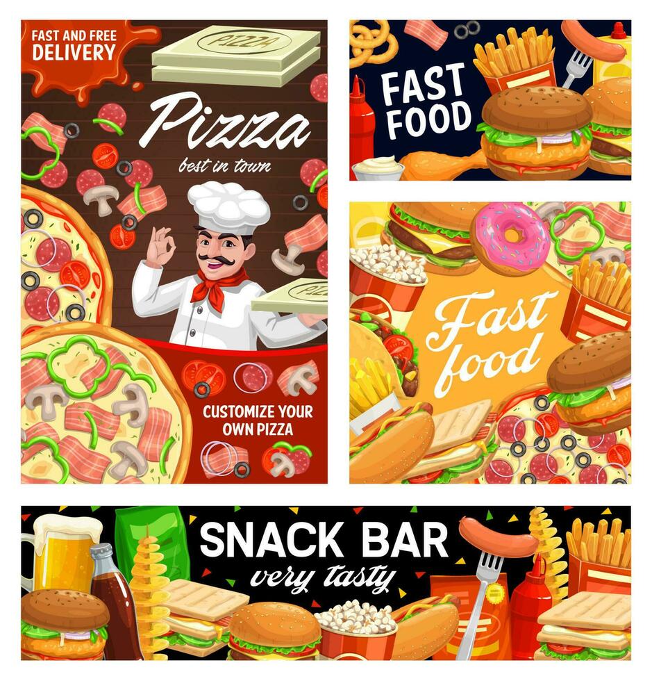 Fast food burgers, sandwiches, pizza and hot dog vector