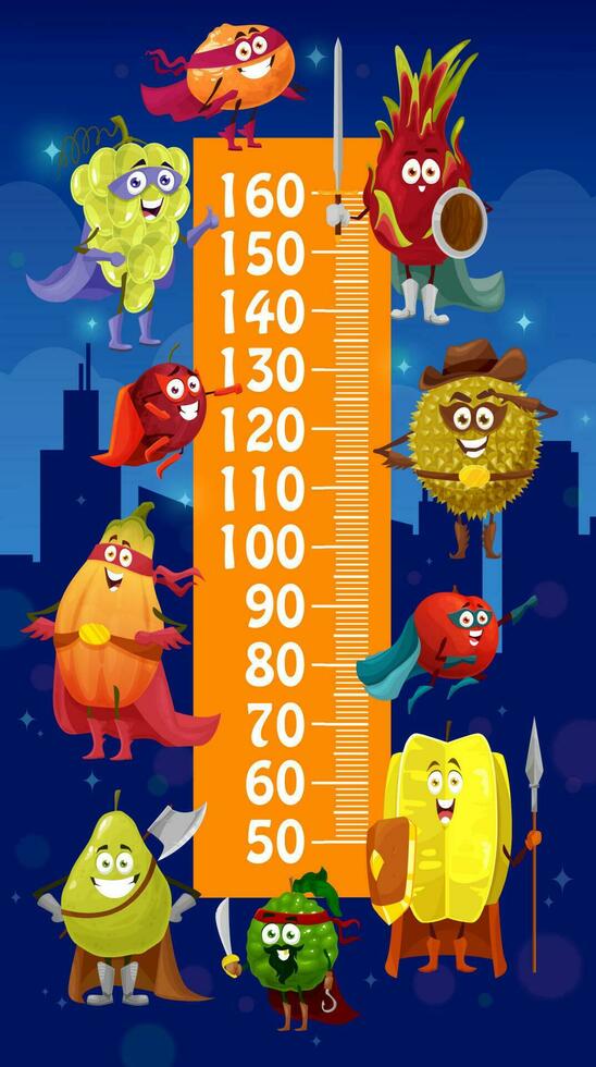 Kids height chart, cartoon fruits superheroes vector