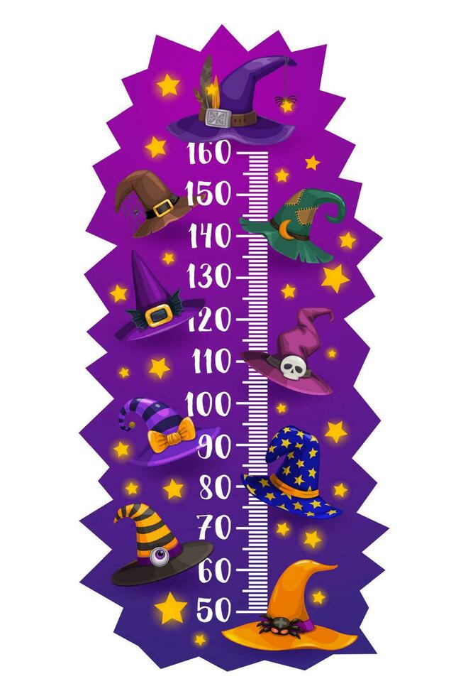 Kids height chart Halloween witch and wizard hats vector