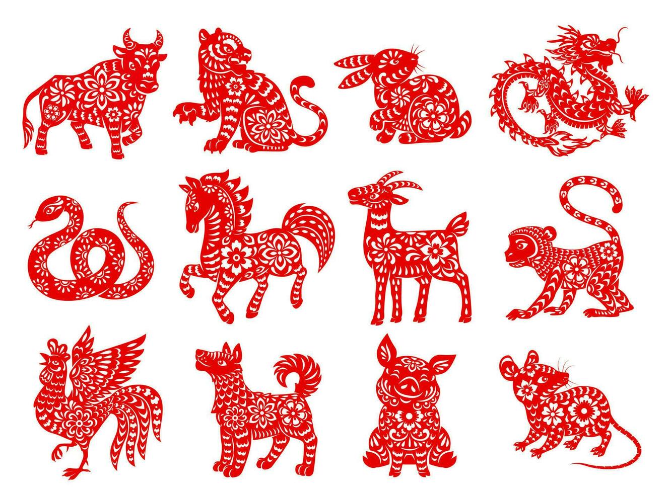 Chinese Zodiac horoscope animals, red papercut set vector