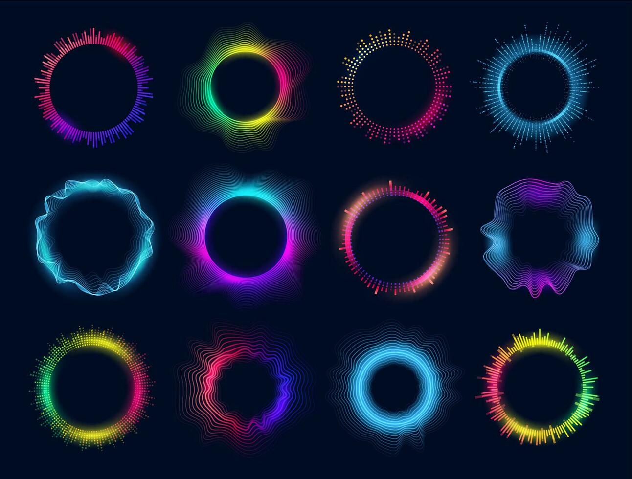 Neon circles of sound wave, audio equalizer vector