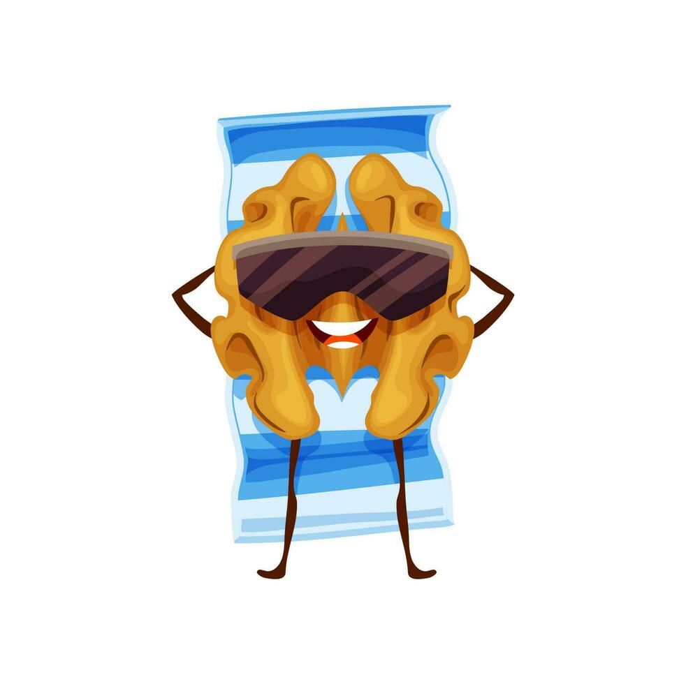 Cartoon walnut in sunglasses on beach mat, summer vector