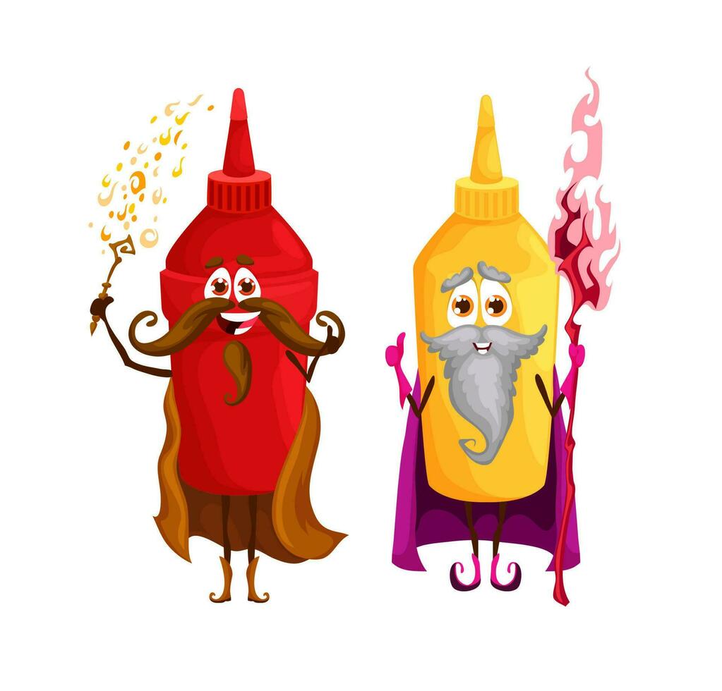 Cartoon ketchup and mustard wizard characters vector