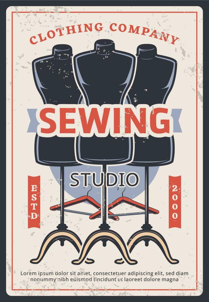 Sewing studio retro vector poster with mannequins