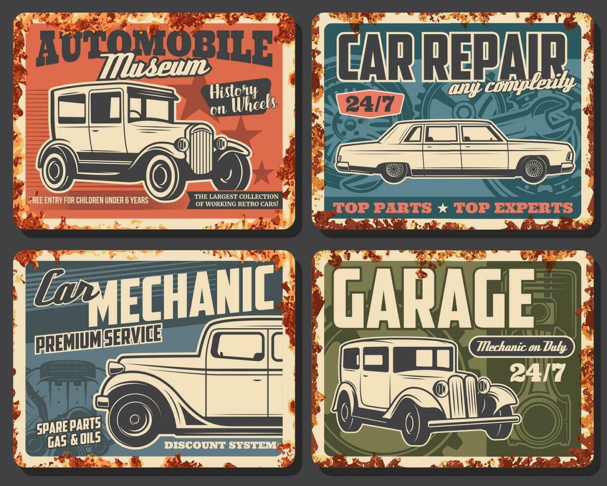 antiguo carros y vehículos oxidado metal plato vector