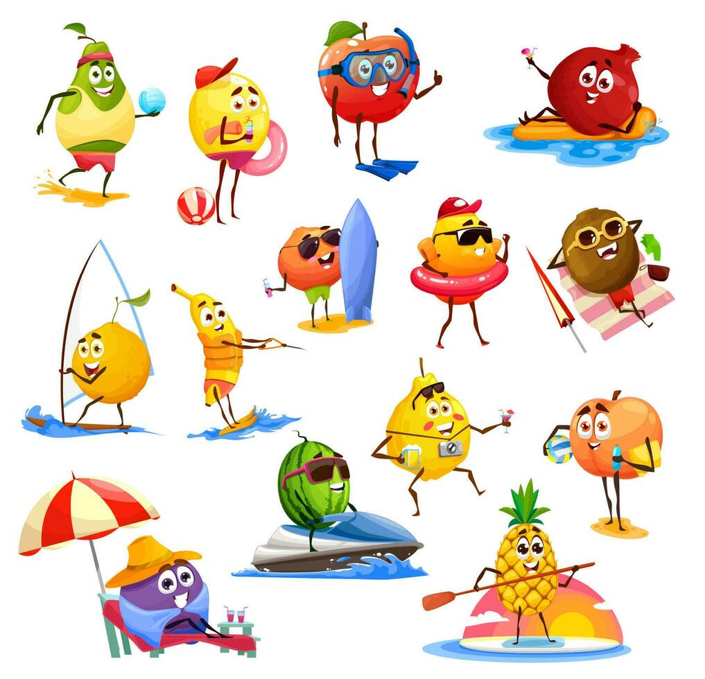 Fruit characters, summer leisure activity, travel vector