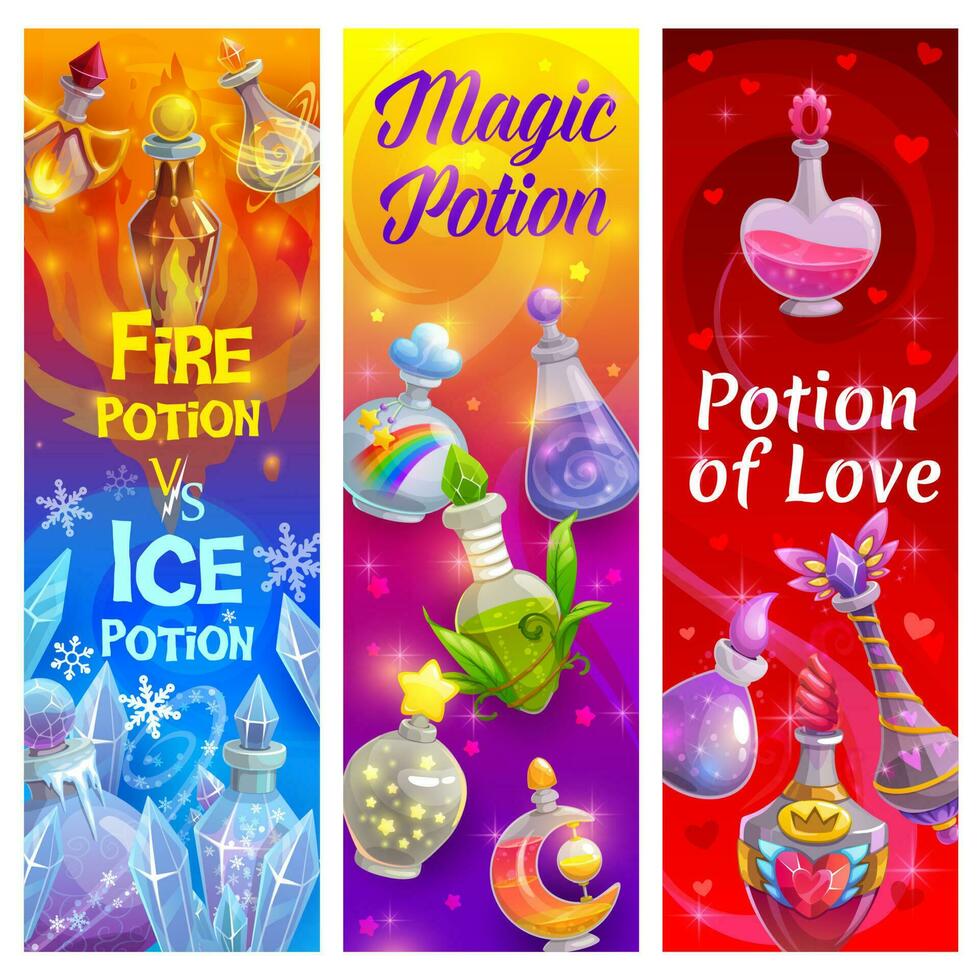 Love potion bottles, banners, magic poison alchemy vector