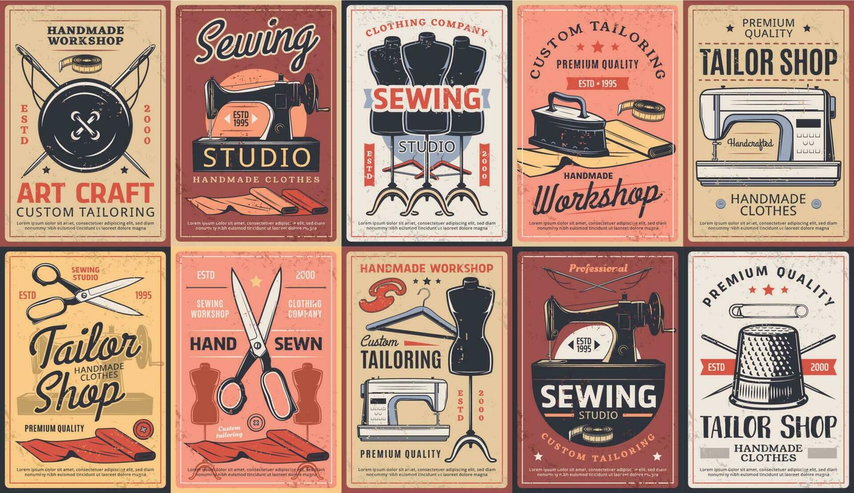Sewing posters, tailor shop atelier, dressmaking vector