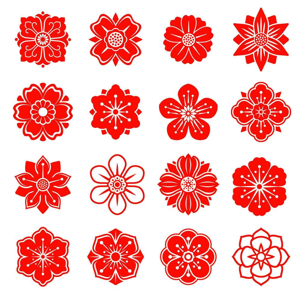 Red Chinese, Japanese flower, Asian floral pattern vector