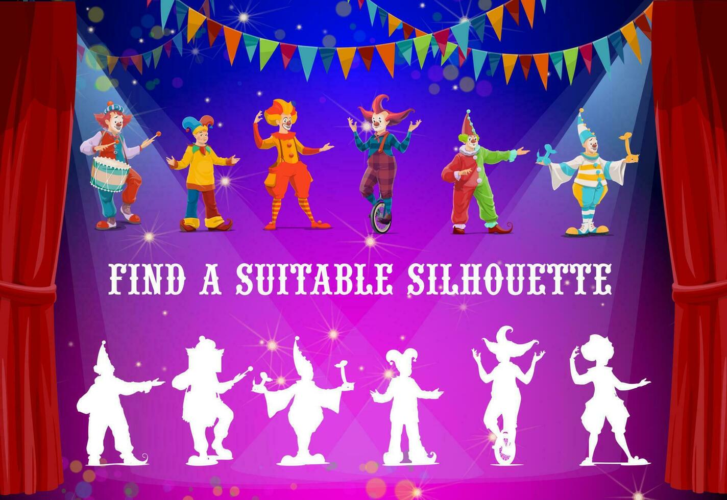 Kids riddle game, find suitable circus clown vector