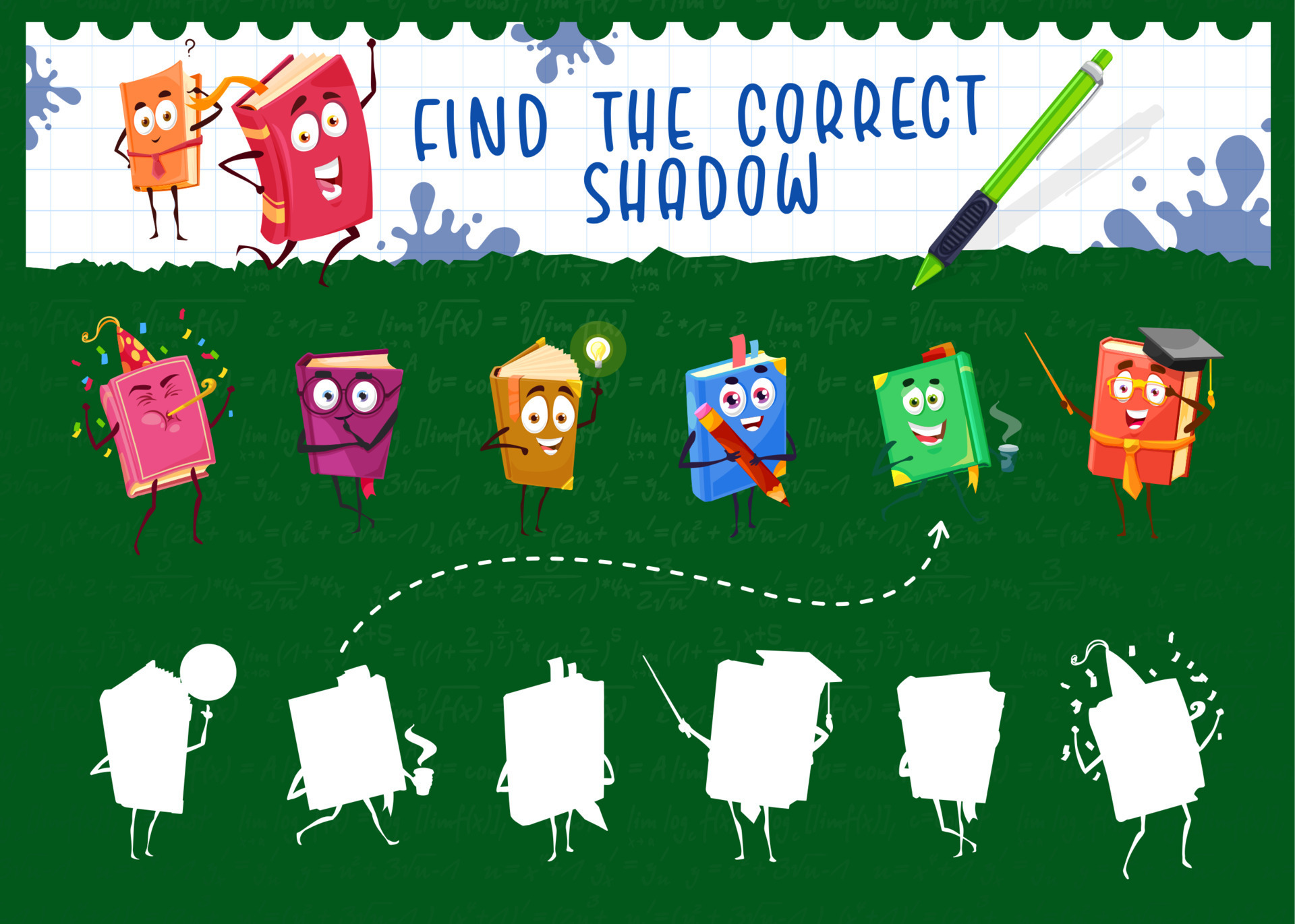 Find correct shadow game with books characters 23527121 Vector Art at ...