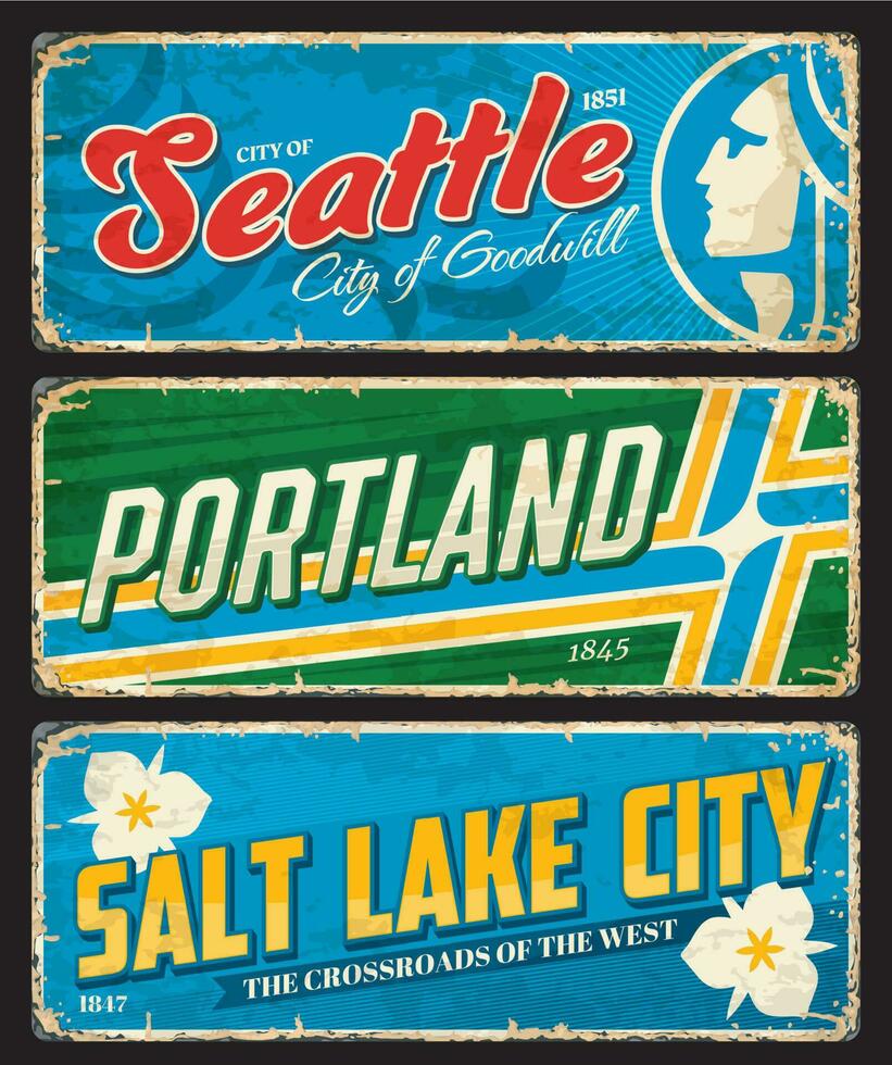 Seattle, Portland and Salt Lake City city plates vector