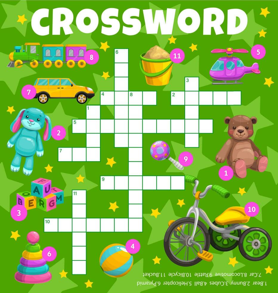 Cartoon kids toys crossword worksheet, game grid vector