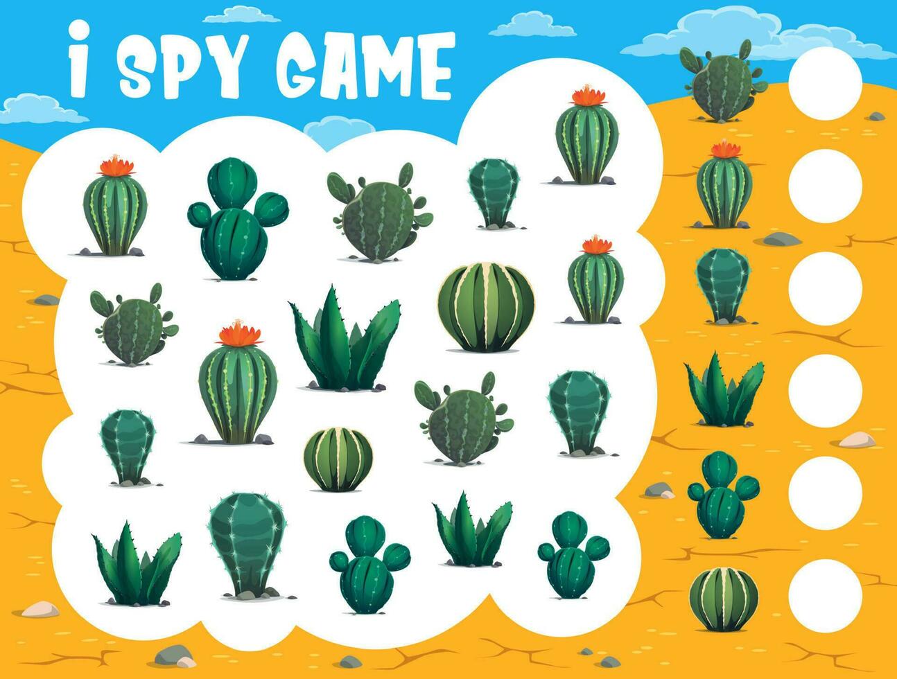 Kids i spy game with cartoon cactuses in desert vector