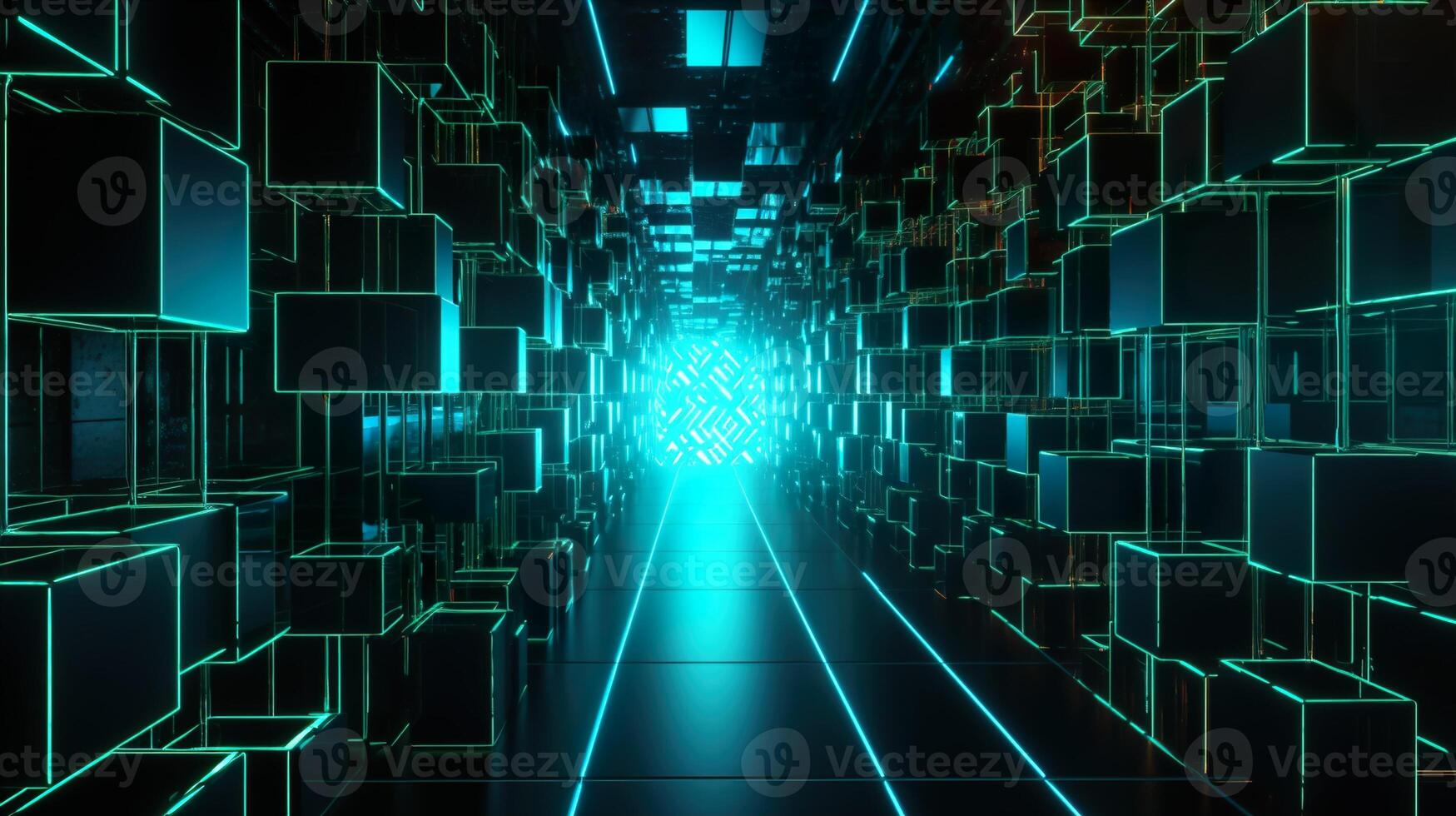 , hallway filled with neon lights and the walls have abstract shapes and patterns. photo