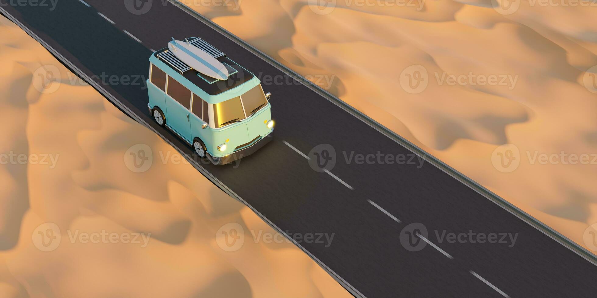 3d render retro camper driving on road in desert area photo