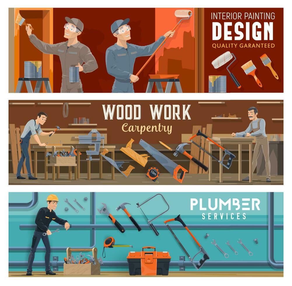 Plumbing, carpentry and painting worker banners vector