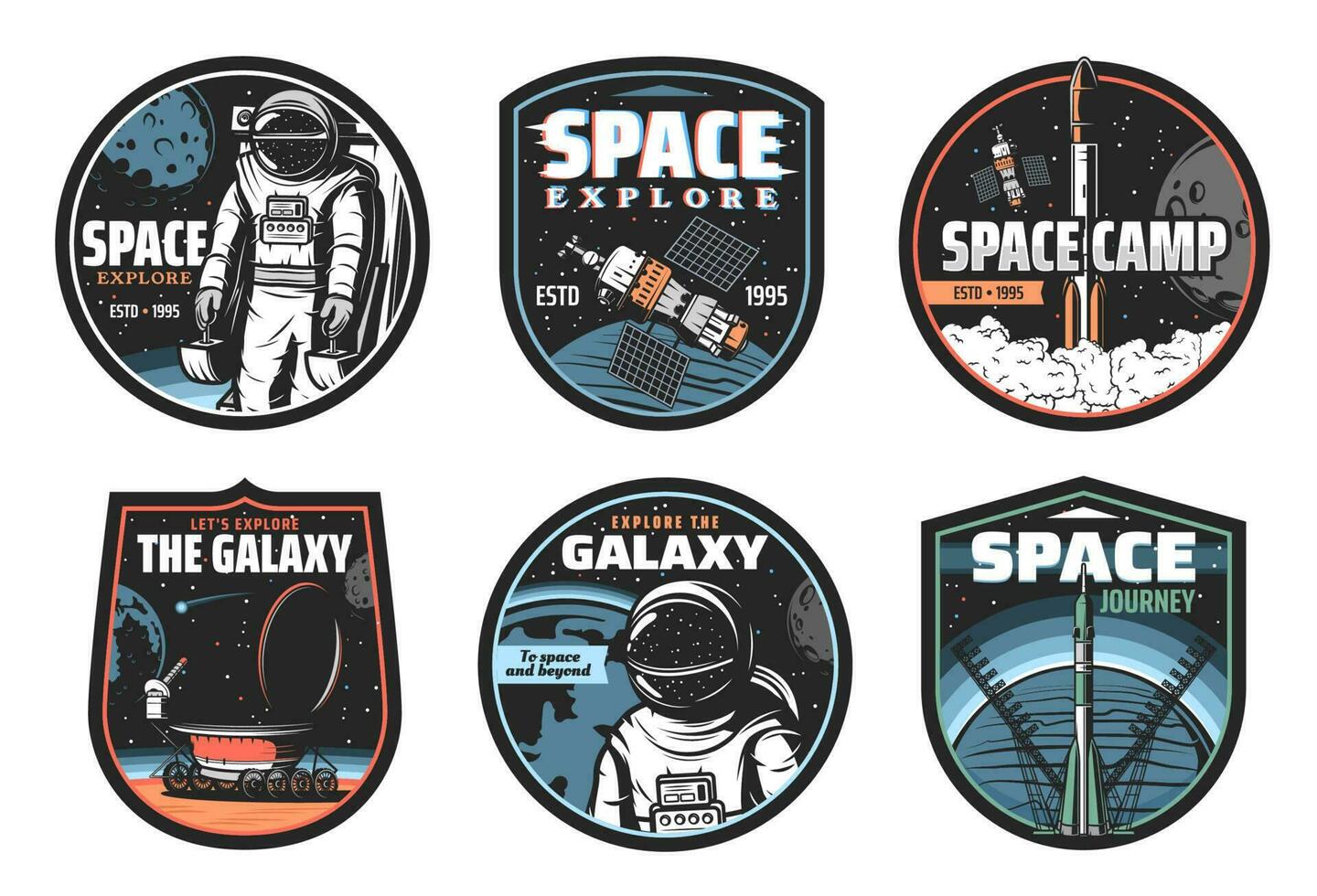 Galaxy, space, astronaut and rocket vector icons