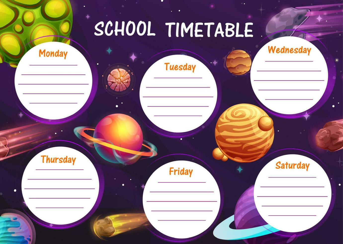 Cartoon space planets school timetable schedule vector