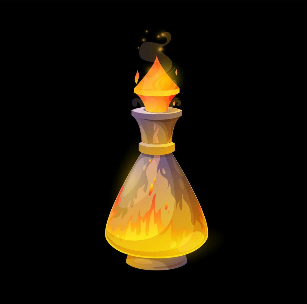 Glass potion bottle with fire, flames in flask vector
