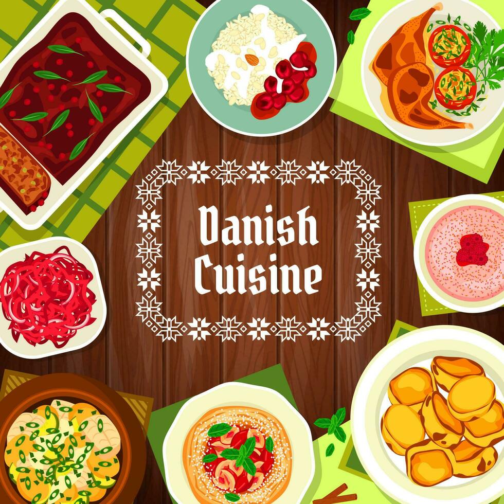 Danish cuisine food, restaurant menu cover, dishes vector