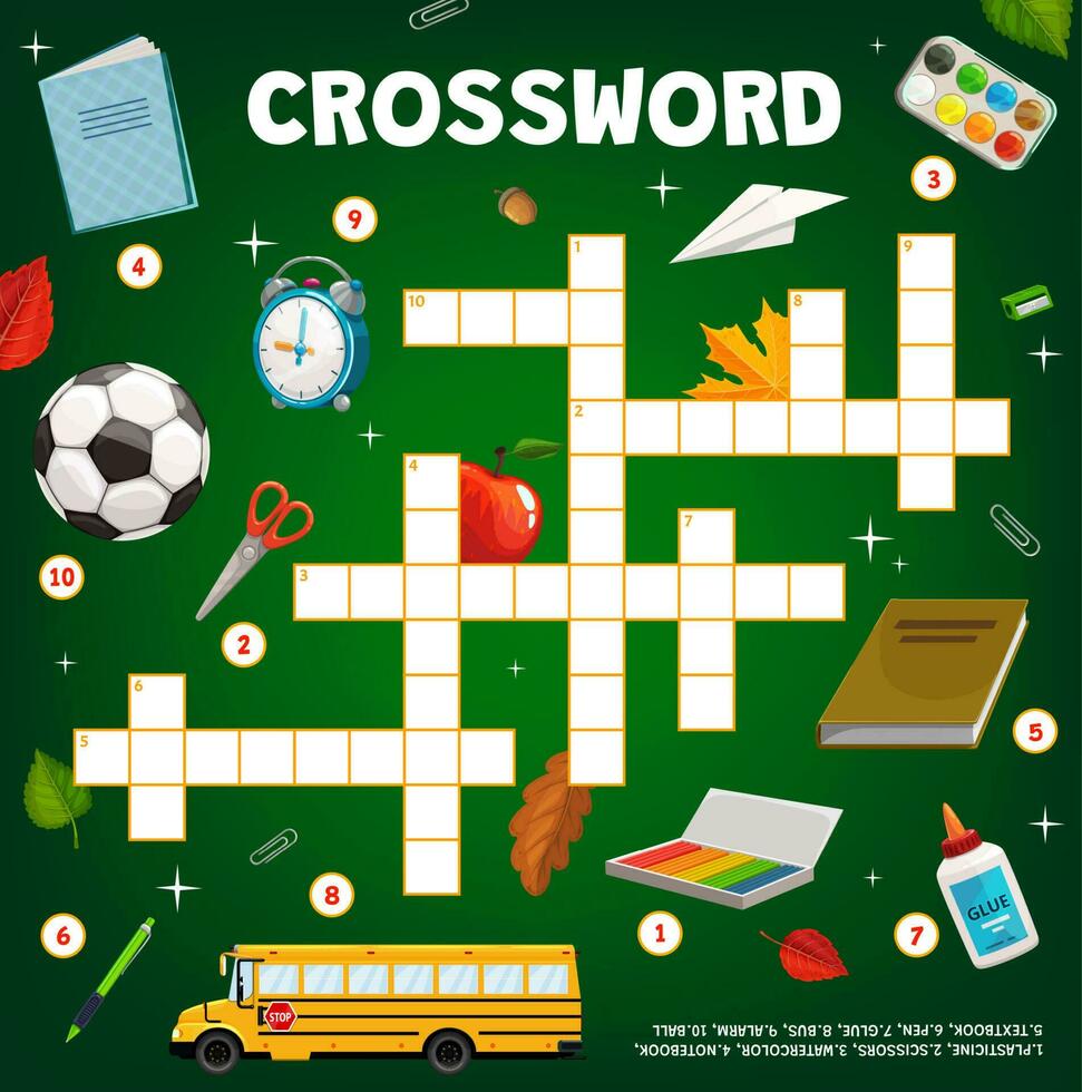 Crossword puzzle game, school education stationery vector