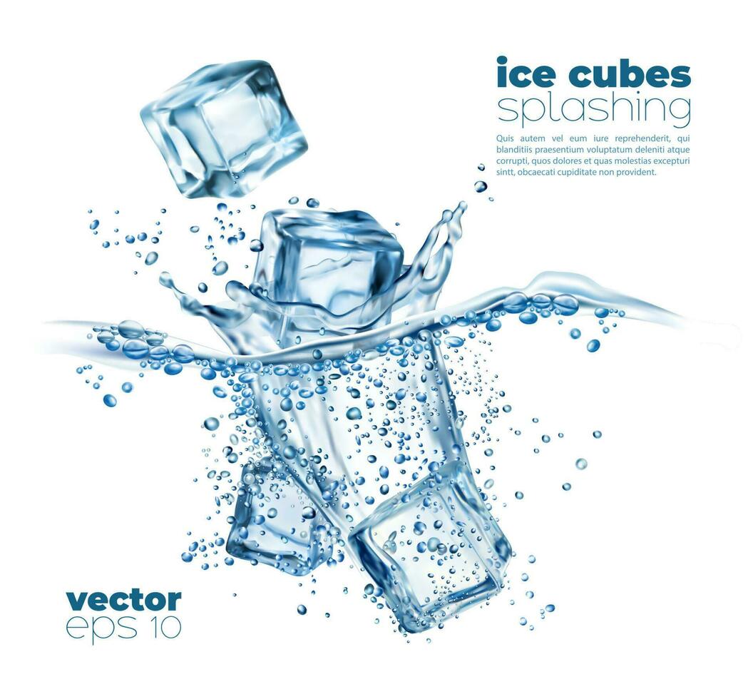 Ice cubes falling into water with splash bubbles vector