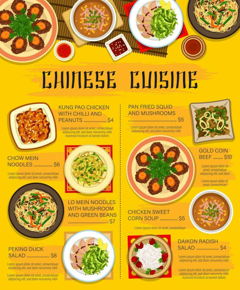 Chinese food, cuisine dishes and restaurant menu vector