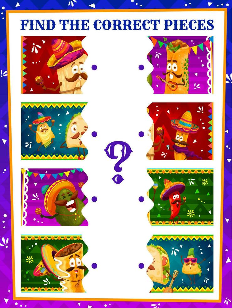 Find correct pieces kids game with mexican food vector