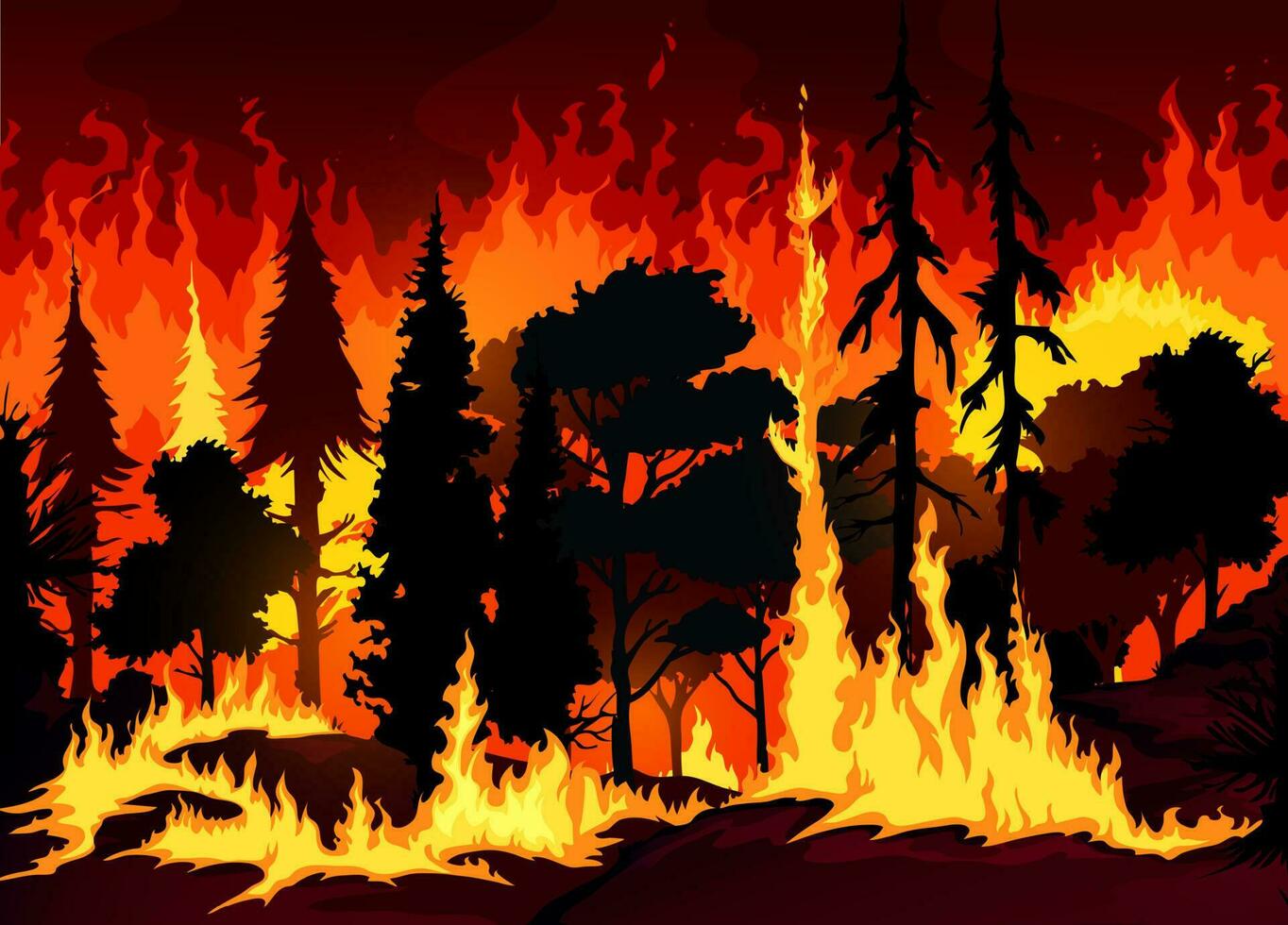 Forest wildfire disaster with burning trees vector