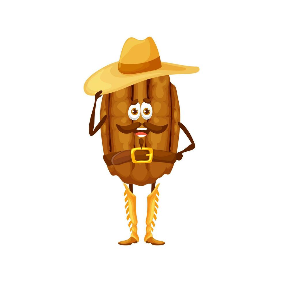 Cartoon pecan nut cowboy character, vector ranger