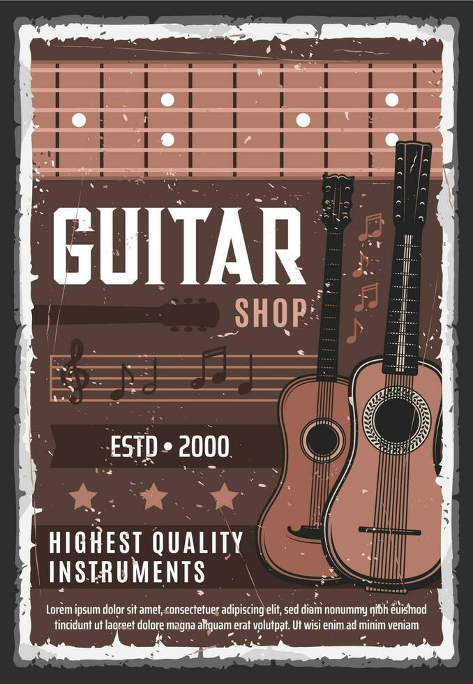 retro póster, guitarra y música instrumentos tienda vector