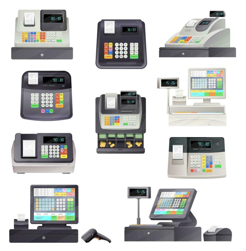 Cash register, checkout counter with scanner vector