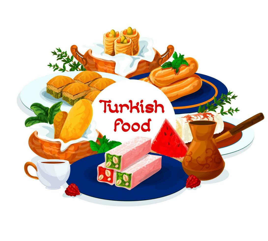 Turkish cuisine food menu, dessert sweets pastry vector