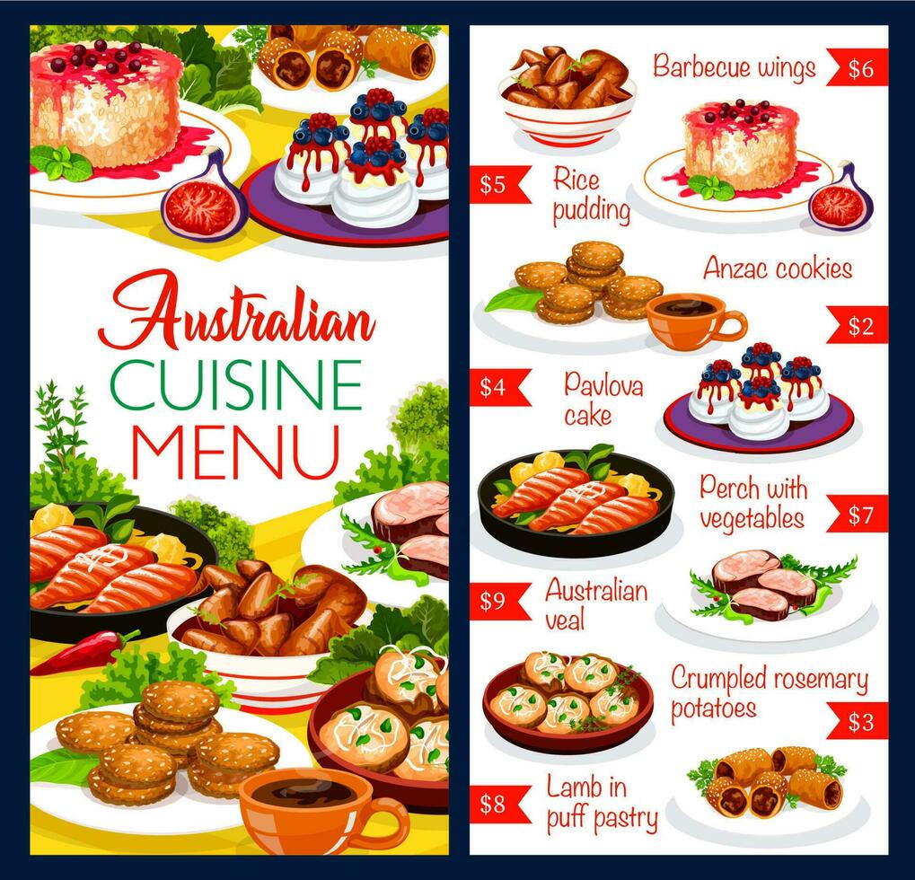 australiano cocina comida platos menú pollo, pescado vector