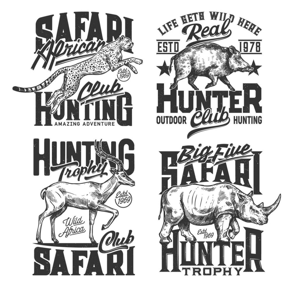 Safari hunting t shirt prints, hunt club animals vector