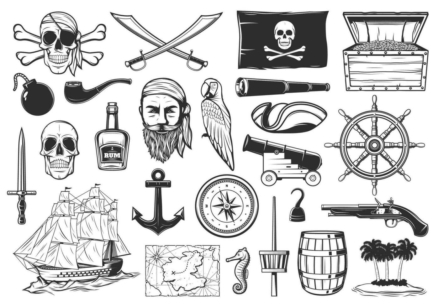 Pirates and treasures map icons, Caribbean island vector