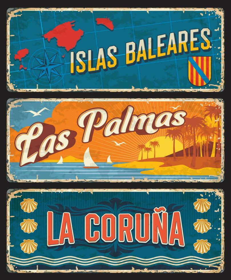 Spain Coruna, Palmas, Baleares islas metal plates vector