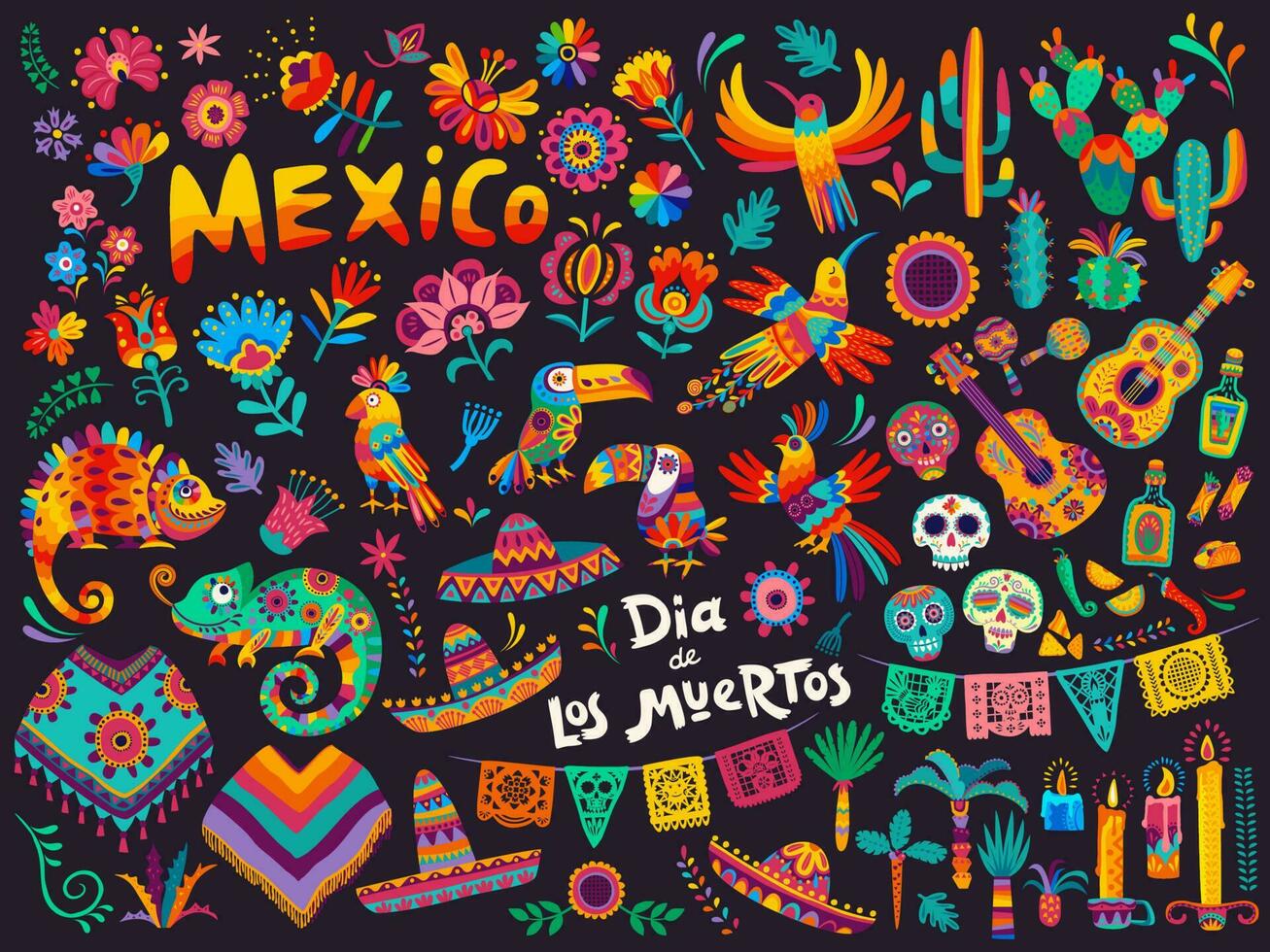 mexicano dibujos animados símbolos, día de muerto fiesta vector